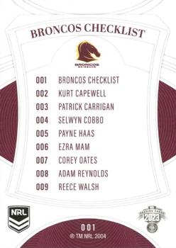 2023 NRL Traders Elite #001 Brisbane Broncos Checklist Back